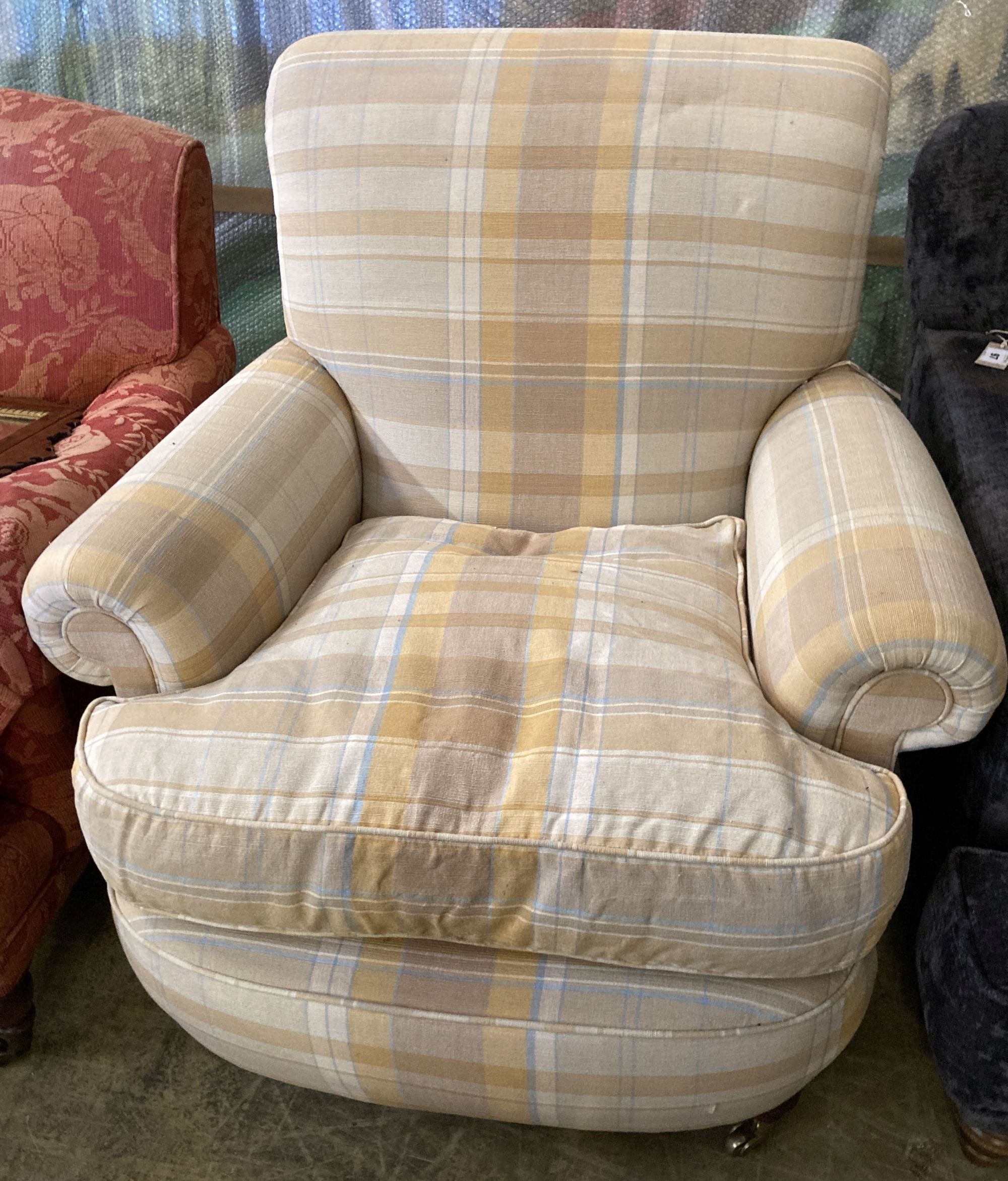 A modern Victorian style armchair, upholstered in cream ground chequered fabric, width 90cm, depth 84cm, height 90cm